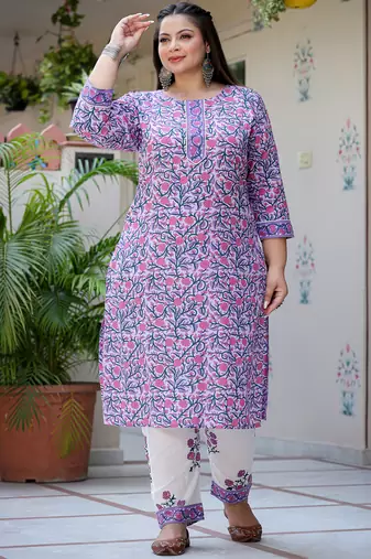 lavender & white ethnic motifs printed plus size kurta with trousers & dupatta