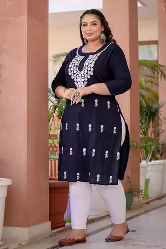  navy blue chikankari straight plus size kurta