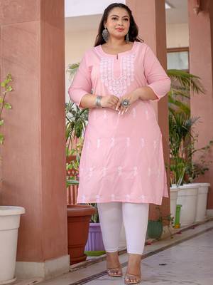 Yufta women light pink chikankari straight plus size kurta 1