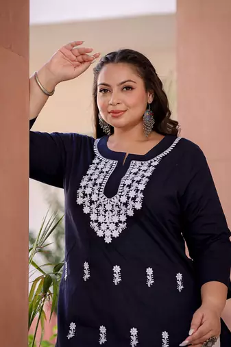  navy blue chikankari straight plus size kurta