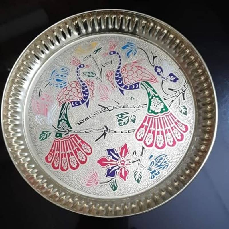 BulkySanta Pure Brass Peacock Thali | Premium Peacock Design Pooja thali (Size - 9 inches) (2)