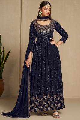Navy blue color faux georgette sequins embroidery work anarkali style suit with dupatta 1
