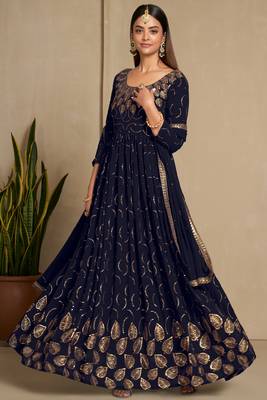 Navy blue color faux georgette sequins embroidery work anarkali style suit with dupatta 3