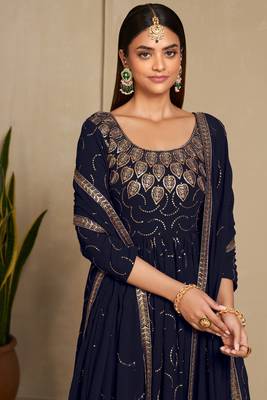 Navy blue color faux georgette sequins embroidery work anarkali style suit with dupatta 4