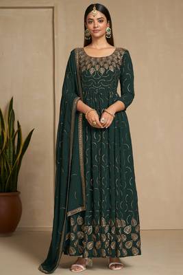 Green color faux georgette sequins embroidery work anarkali style suit with dupatta 1