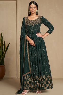 Green color faux georgette sequins embroidery work anarkali style suit with dupatta 2