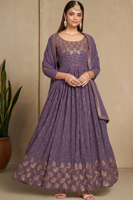 Lavender color faux georgette sequins embroidery work anarkali style suit with dupatta 1