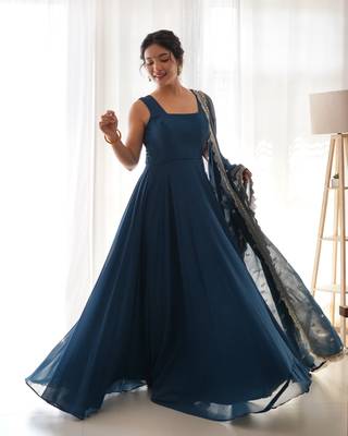 Pure Soft Fox Georgette Fully Flair Gown, Fancy Embroidery Sequence Cutwork Dupatta 4