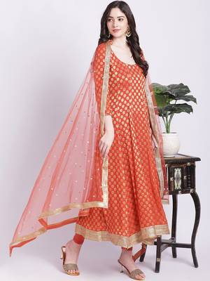 Orange Banarasi Georgette Anarkali with Churidar and Net Sequin Dupatta 1