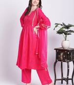 Pink punch A-Line Kurti with Straight Palazzo and Organza Dupatta