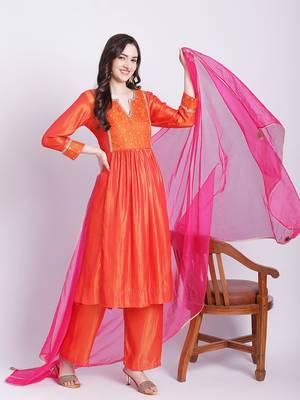 Orange punch A-Line Kurti with Straight Palazzo and Organza Dupatta 1