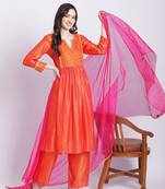Orange punch A-Line Kurti with Straight Palazzo and Organza Dupatta