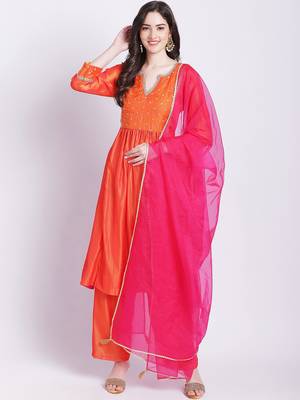 Orange punch A-Line Kurti with Straight Palazzo and Organza Dupatta 2