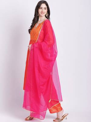 Orange punch A-Line Kurti with Straight Palazzo and Organza Dupatta 3