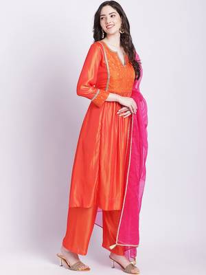 Orange punch A-Line Kurti with Straight Palazzo and Organza Dupatta 4