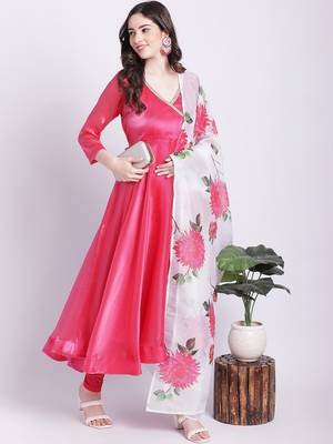 Pink Dahlia Organza Anarkali with Churidar and Floral Printed Dupatta 1