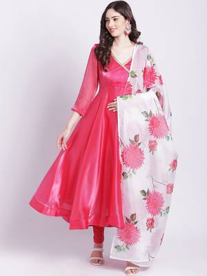 Pink Dahlia Organza Anarkali with Churidar and Floral Printed Dupatta 2