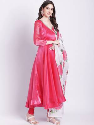 Pink Dahlia Organza Anarkali with Churidar and Floral Printed Dupatta 3