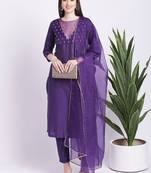 Glowing Purple Straight Kurti with Straight Pants and Organza Dupatta