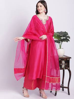 Raani Pink Chanderi Kurti with Banarsi Palazzo and Organza Dupatta 1