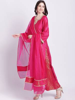 Raani Pink Chanderi Kurti with Banarsi Palazzo and Organza Dupatta 3
