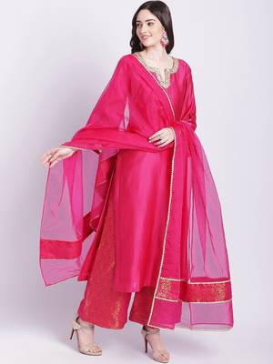 Raani Pink Chanderi Kurti with Banarsi Palazzo and Organza Dupatta 4