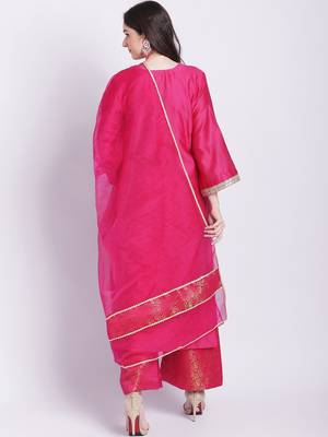 Raani Pink Chanderi Kurti with Banarsi Palazzo and Organza Dupatta 5