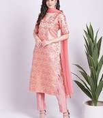 Peach Banarsi Straight Kurti with Pants and Chiffon Dupatta