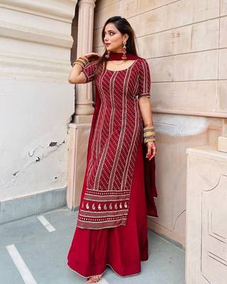 Laukhnowi Embroidery Cotton Thread And Sequence Work Top, Palazzo And Dupatta Set 3