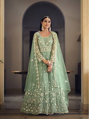 SKY COLOR DESIGNER FANCY WEDDING PARTY WEAR LONG ANARKALI SALWAR SUIT IN NET FABRIC SEMI STITCHED MATERIAL  1
