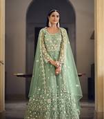SKY COLOR DESIGNER FANCY WEDDING PARTY WEAR LONG ANARKALI SALWAR SUIT IN NET FABRIC SEMI STITCHED MATERIAL 