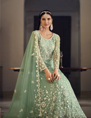 SKY COLOR DESIGNER FANCY WEDDING PARTY WEAR LONG ANARKALI SALWAR SUIT IN NET FABRIC SEMI STITCHED MATERIAL  3