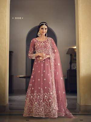 PINK COLOR DESIGNER FANCY WEDDING PARTY WEAR LONG ANARKALI SALWAR SUIT IN NET FABRIC SEMI STITCHED MATERIAL  1