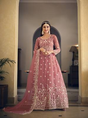 PINK COLOR DESIGNER FANCY WEDDING PARTY WEAR LONG ANARKALI SALWAR SUIT IN NET FABRIC SEMI STITCHED MATERIAL  2