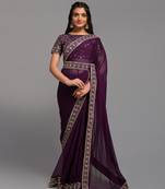 Beautiful wine embroidery work lace border georgette saree for women