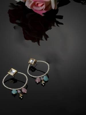 Pink & blue chand bala earring with kundan &  pearls 2
