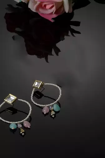 Pink & blue chand bala earring with kundan &  pearls