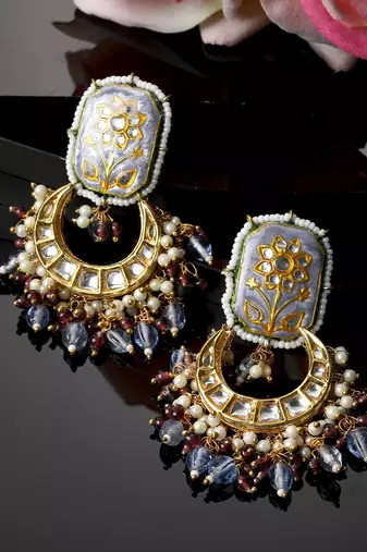 Blue & brown drop earring with kundan &  pearls
