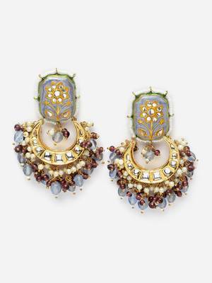 Blue & brown drop earring with kundan &  pearls 3