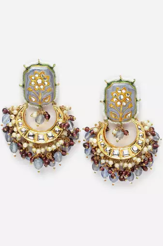 Blue & brown drop earring with kundan &  pearls