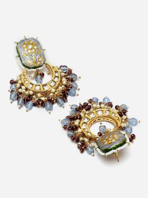 Blue & brown drop earring with kundan &  pearls 4
