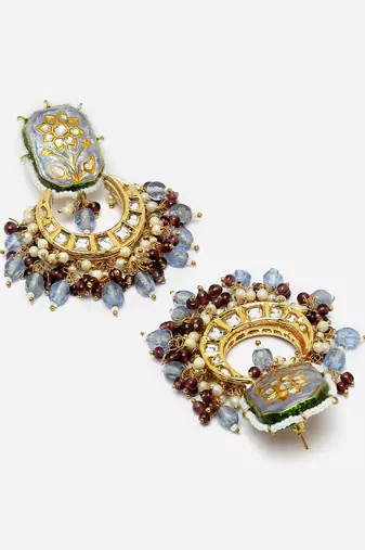 Blue & brown drop earring with kundan &  pearls
