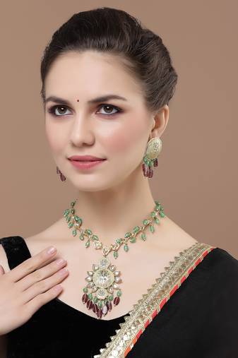 Green & peach drop earring with kundan &  pearls