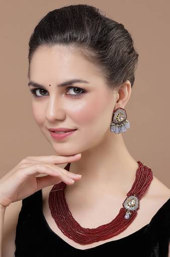 Grey & red drop earring with kundan &  pearls