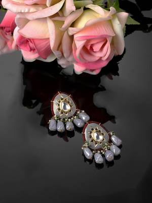 Grey & red drop earring with kundan &  pearls 2