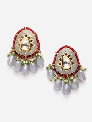 Grey & red drop earring with kundan &  pearls 3
