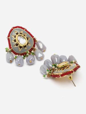 Grey & red drop earring with kundan &  pearls 4