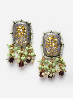 Blue & green drop earring with kundan &  pearls 3