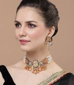 Orange & gold drop earring with kundan &  american diamonds