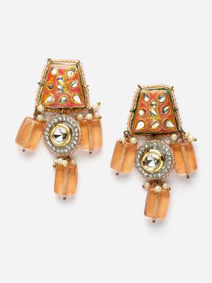 Orange & gold drop earring with kundan &  american diamonds 3